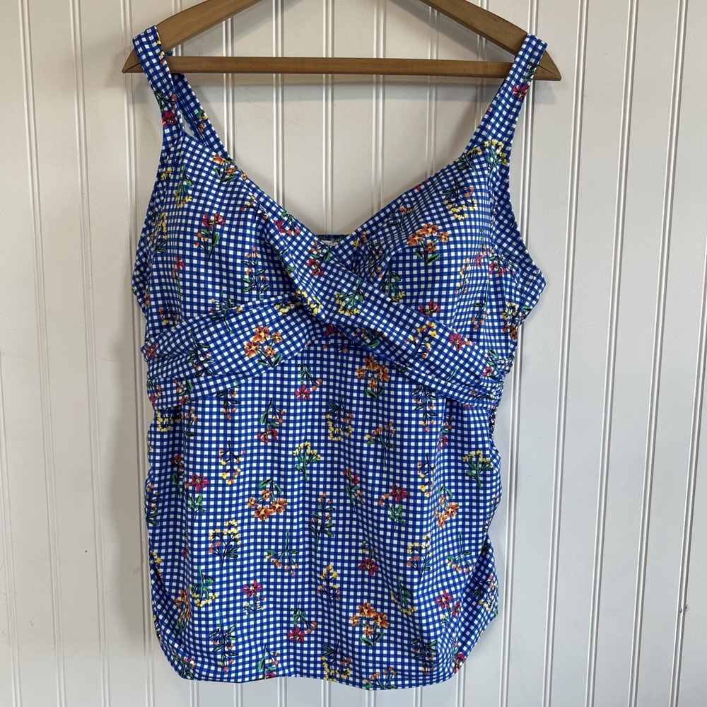 Land's End plus size 22W 3X tankini blue gingham floral underwire tummy control